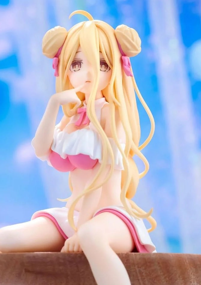 Anime-style figurine of a blonde girl in a pink and white bikini, sitting pensively with finger to lips