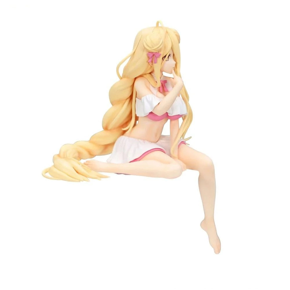 An anime figure of a blonde girl with long hair, wearing a pink and white bikini, sitting and looking right