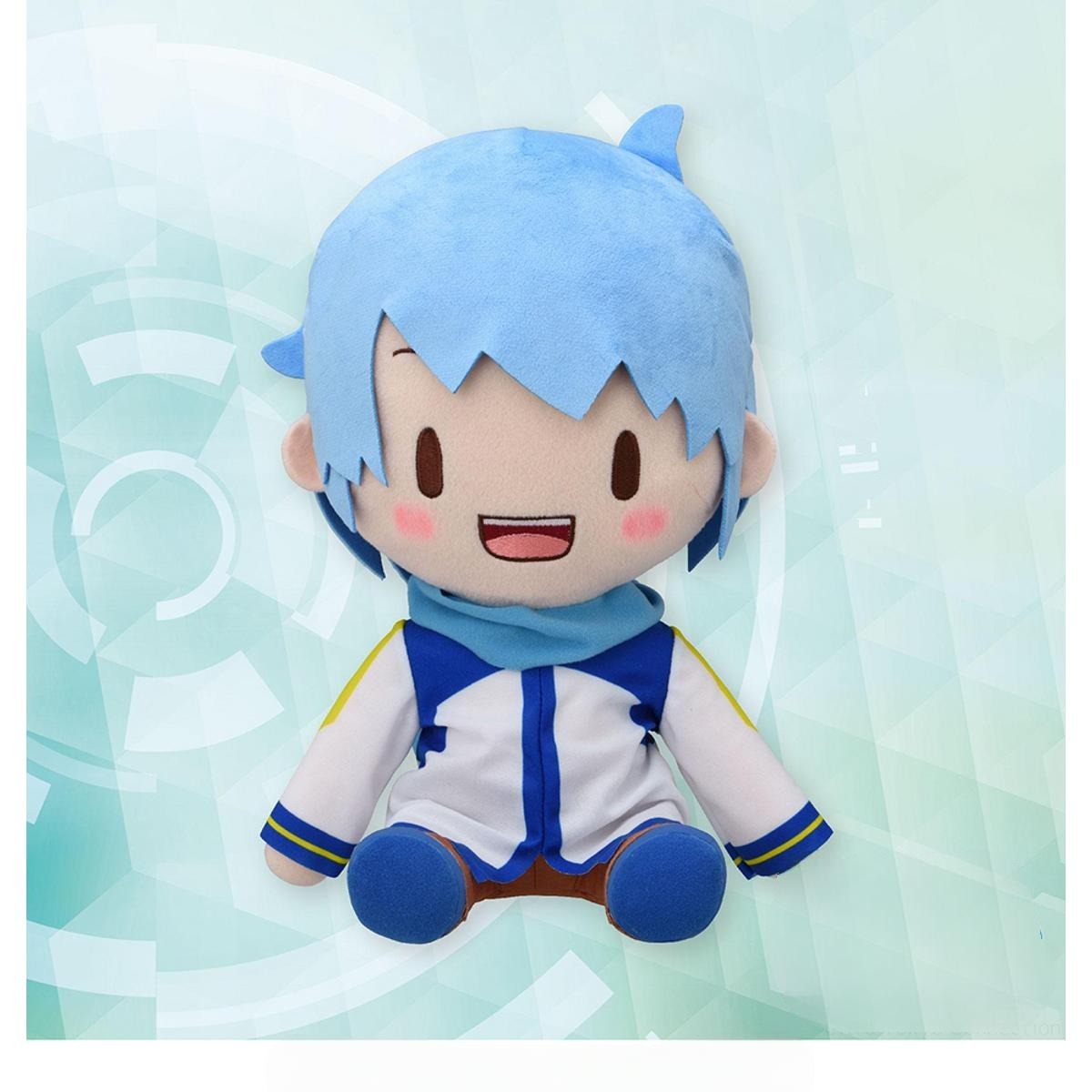 A blue-haired chibi plush toy in a white and blue jacket with a blue scarf sits, smiling, against a light blue patterned background