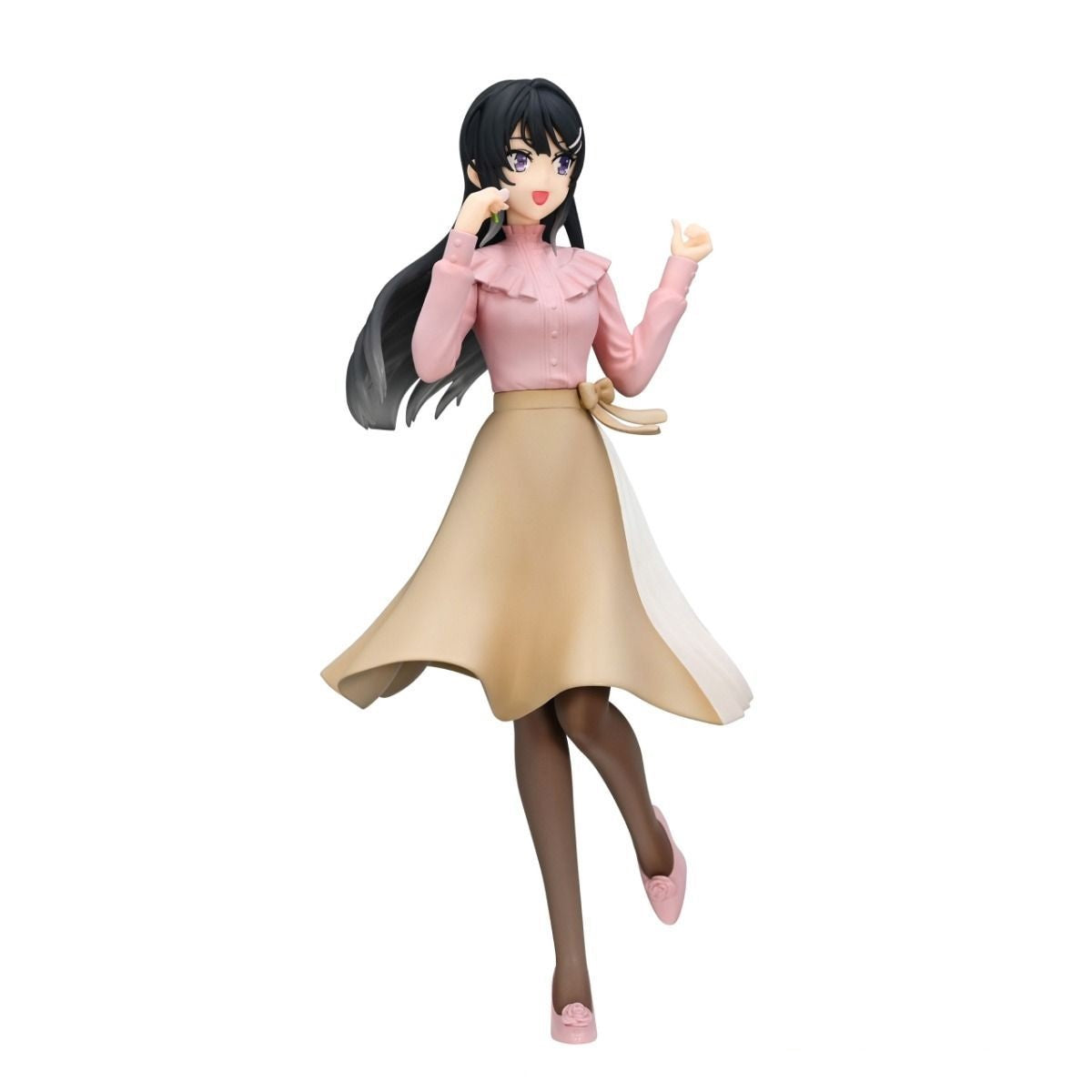 Anime figure: dark-haired woman in pink blouse and beige skirt, one hand to face, other giving thumbs up