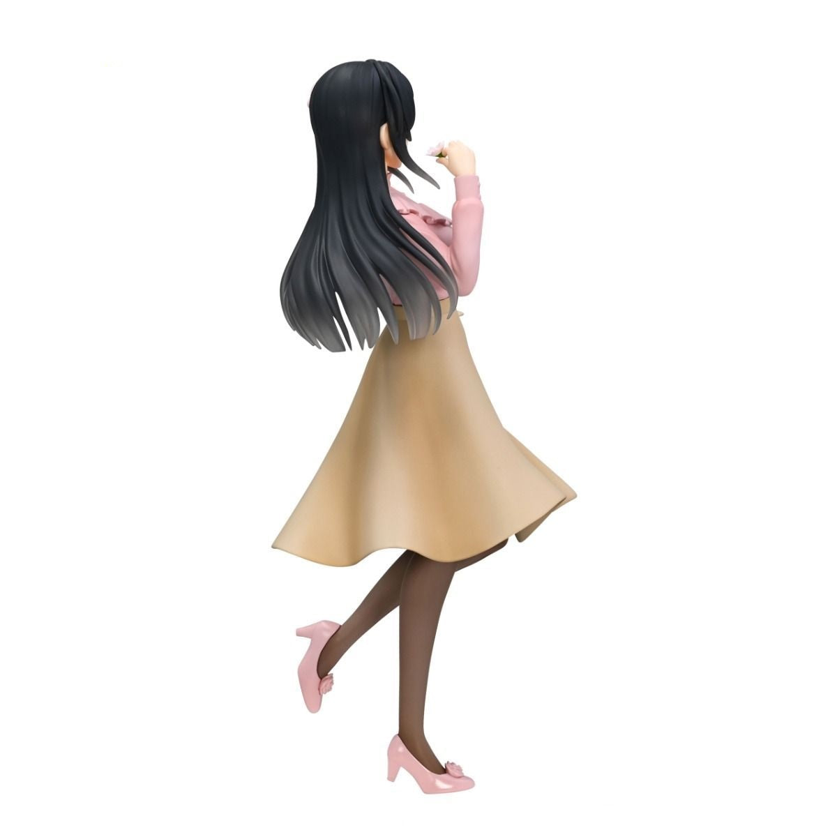 Side view of a female figure with black hair, pink top, beige skirt, and pink heels, holding a pink flower to her face