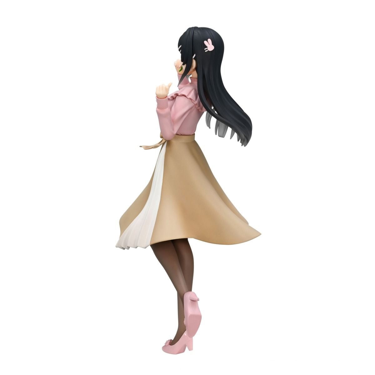 Anime figure of a girl with long black hair &amp; pink bunny clip, pink top, brown skirt, pink heels, delicate hand gesture