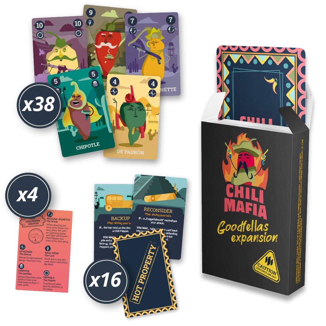 Chili Mafia Goodfellas Expansion card game showing 38 chili pepper cards 4 ability cards 16 Hot Property cards and the black box with a chili mafia logo