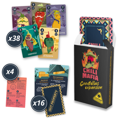 Chili Mafia Goodfellas Expansion card game showing 38 chili pepper cards 4 ability cards 16 Hot Property cards and the black box with a chili mafia logo
