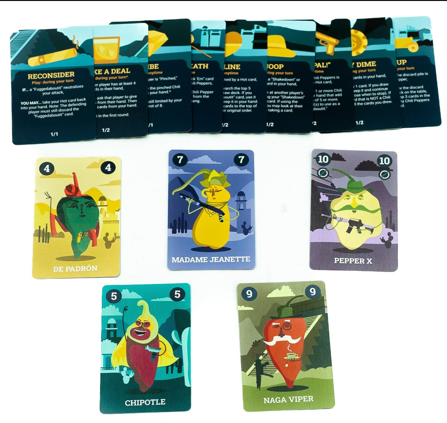 Chili Mafia Goodfellas Expansion Card Game with 11 cards showing different pepper characters and game instructions