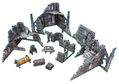 Unassembled modular sci-fi terrain pieces: ruined grey buildings, a control console, chair, and other accessories on black.