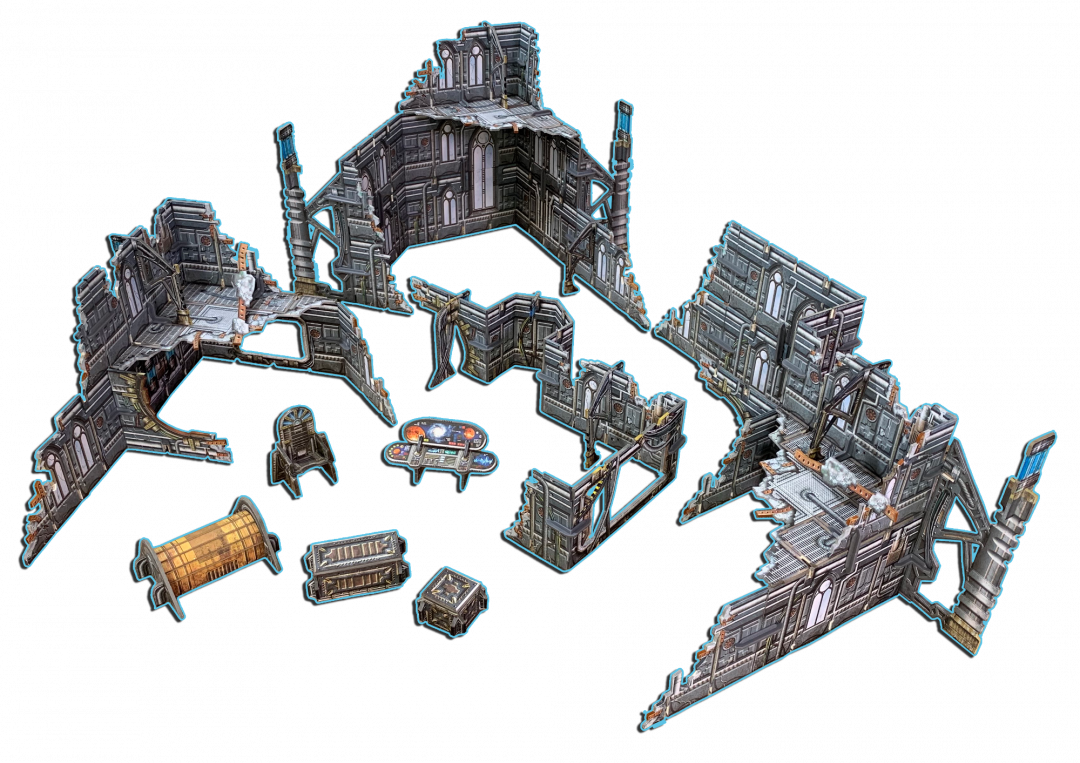 Unassembled modular sci-fi terrain pieces: ruined grey buildings, a control console, chair, and other accessories on black.