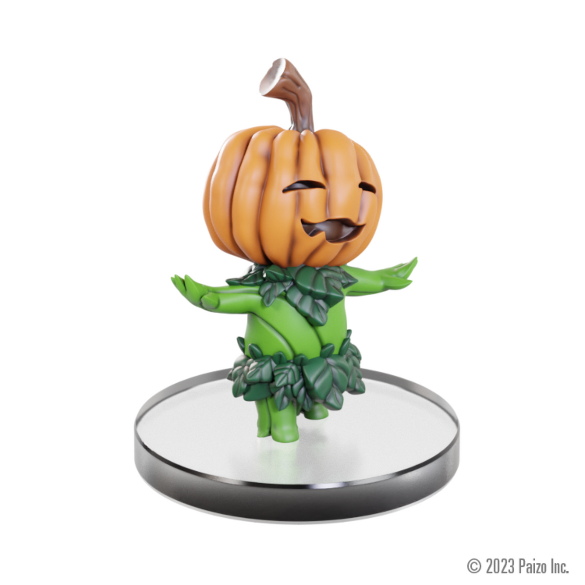 A smiling pumpkin character with a green leafy body and outstretched arms, standing on a clear round base