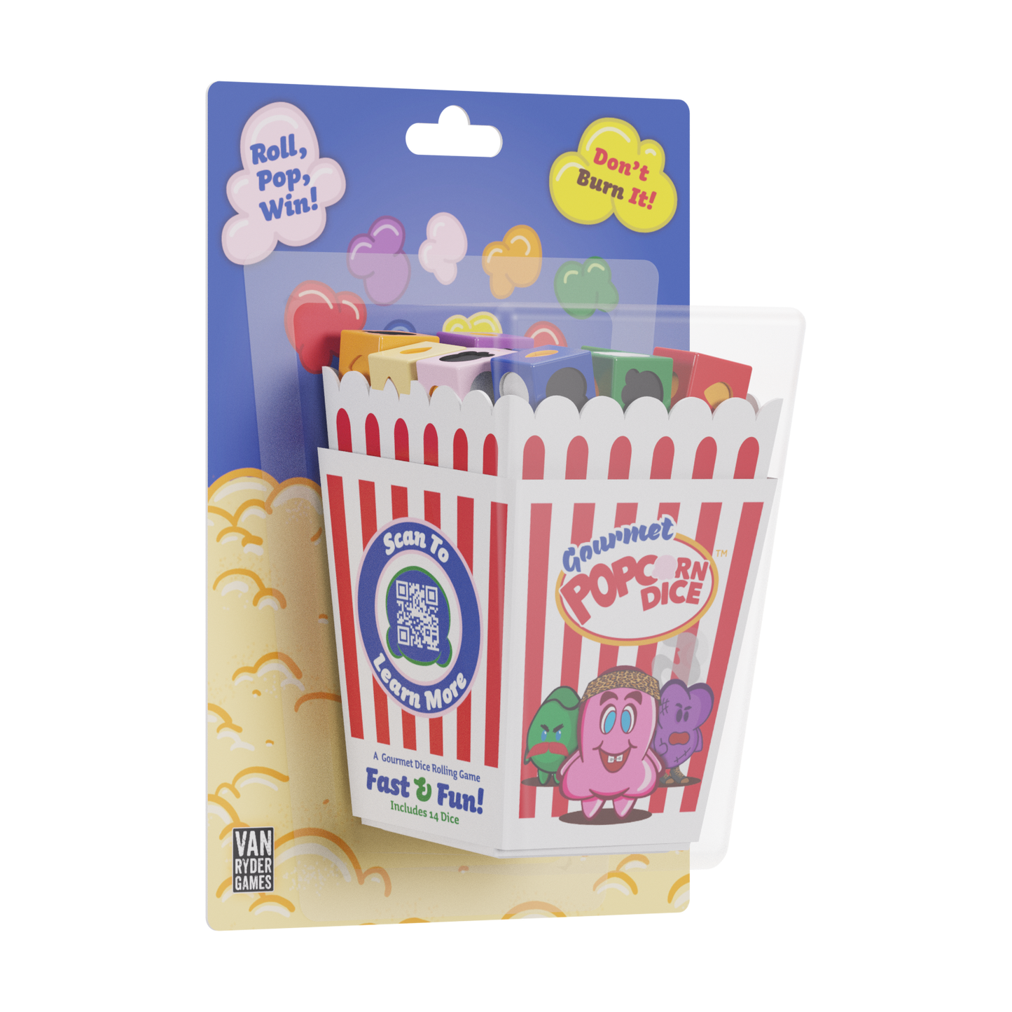 Gourmet Popcorn Dice game: a clear package holding a striped popcorn box with colorful popcorn-shaped dice