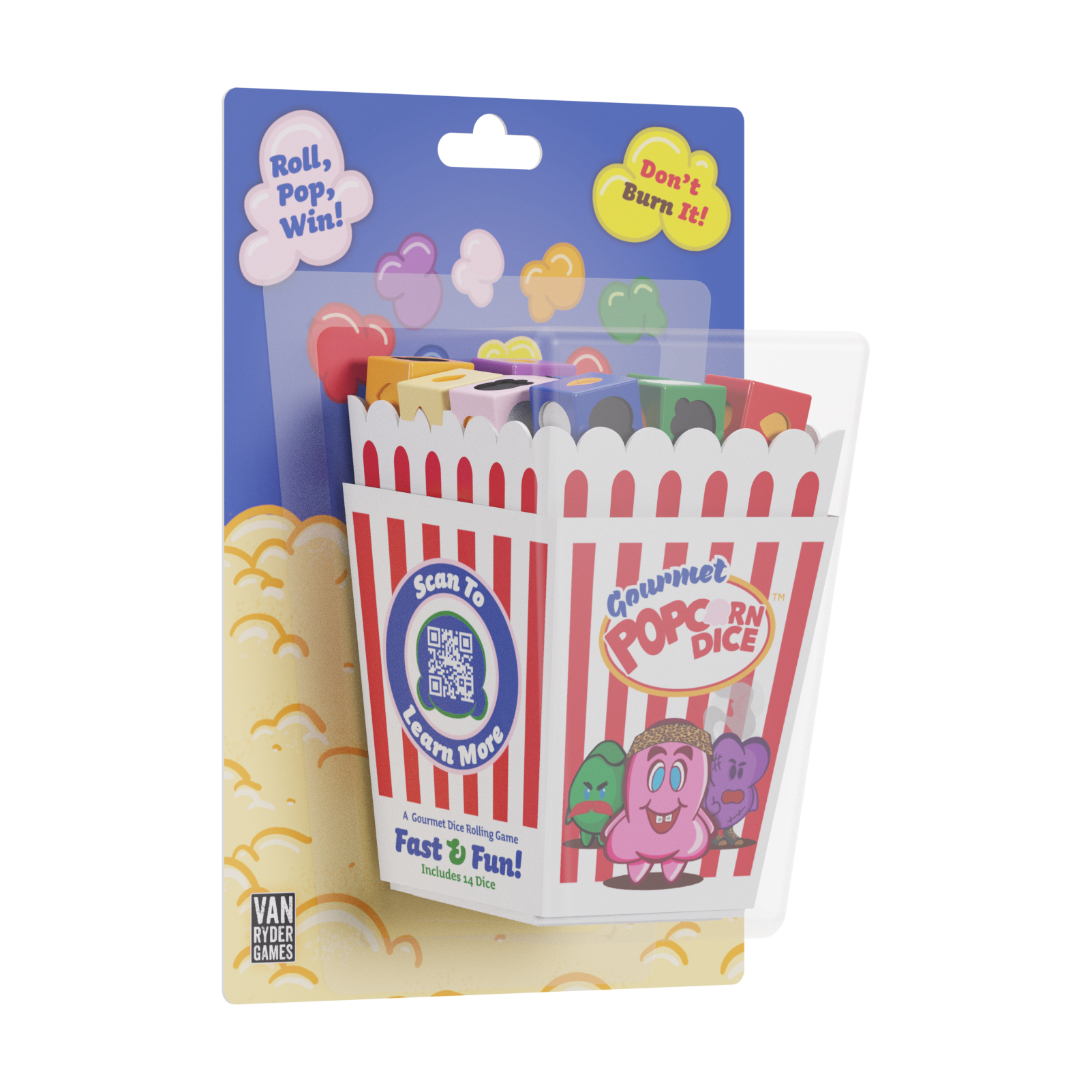 Gourmet Popcorn Dice game: a clear package holding a striped popcorn box with colorful popcorn-shaped dice