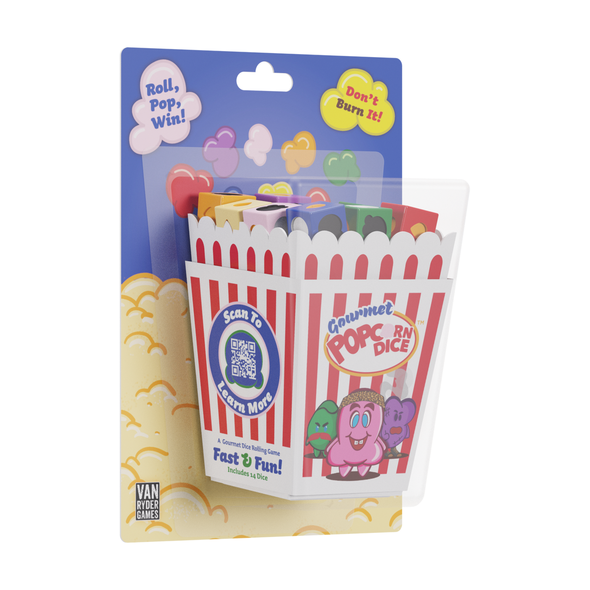 Gourmet Popcorn Dice game: a clear package holding a striped popcorn box with colorful popcorn-shaped dice