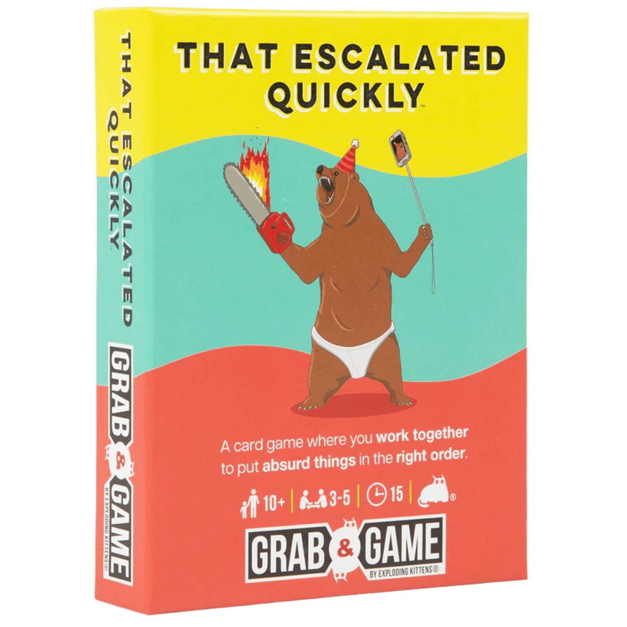 Game box: 'That Escalated Quickly'. A bear in white briefs holds a flaming chainsaw and takes a selfie