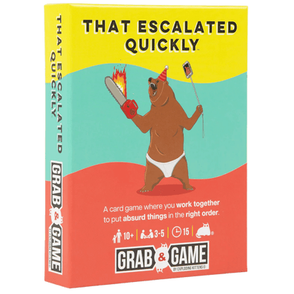 Game box: 'That Escalated Quickly'. A bear in white briefs holds a flaming chainsaw and takes a selfie