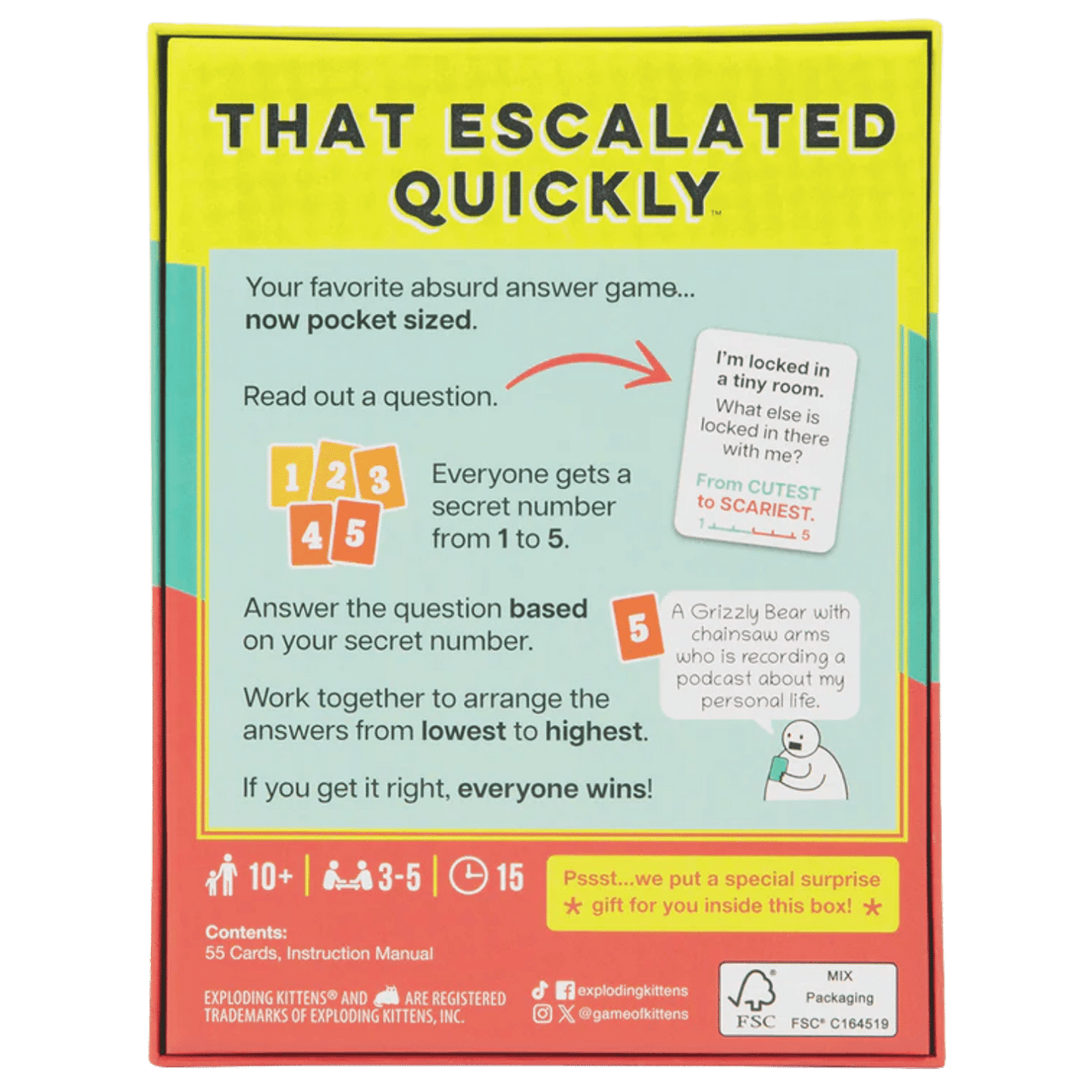 Game box for "That Escalated Quickly," an absurd card game. Features gameplay instructions, examples, and "Exploding Kittens" branding
