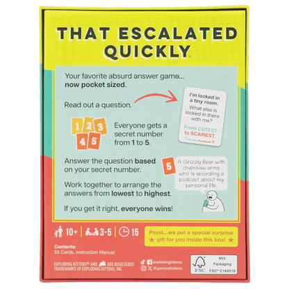 Game box for "That Escalated Quickly," an absurd card game. Features gameplay instructions, examples, and "Exploding Kittens" branding
