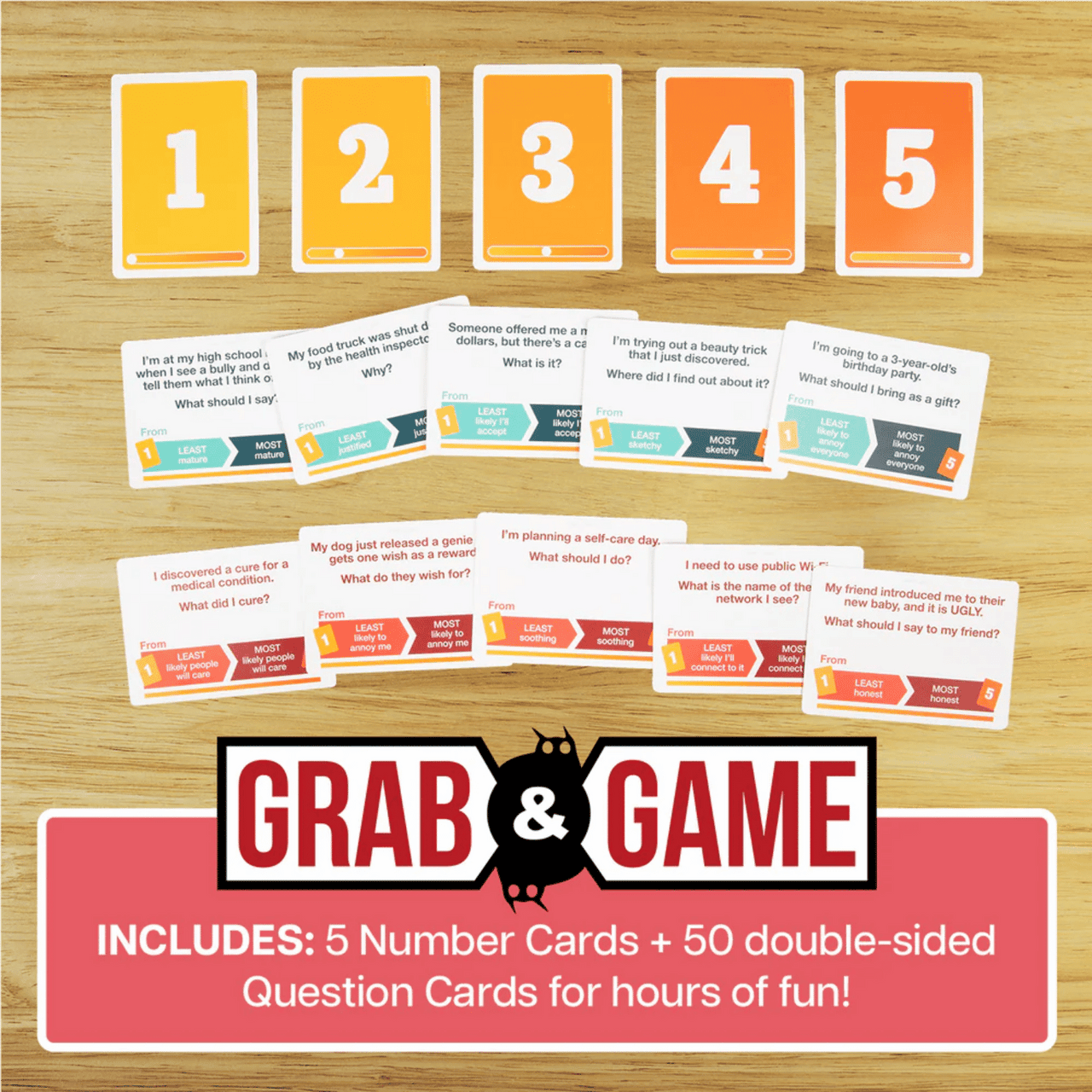Grab & Game card game with 5 numbered cards and multiple question cards on a wooden surface