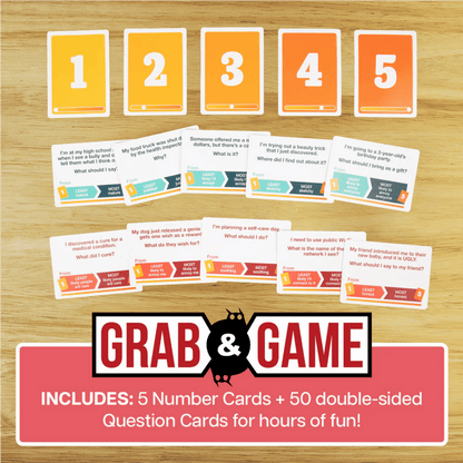 Grab & Game card game with 5 numbered cards and multiple question cards on a wooden surface