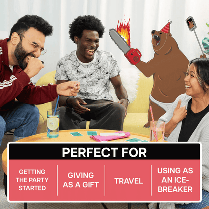 Three friends laugh while playing a game with cards and drinks. A cartoon bear in a party hat holds a flaming chainsaw