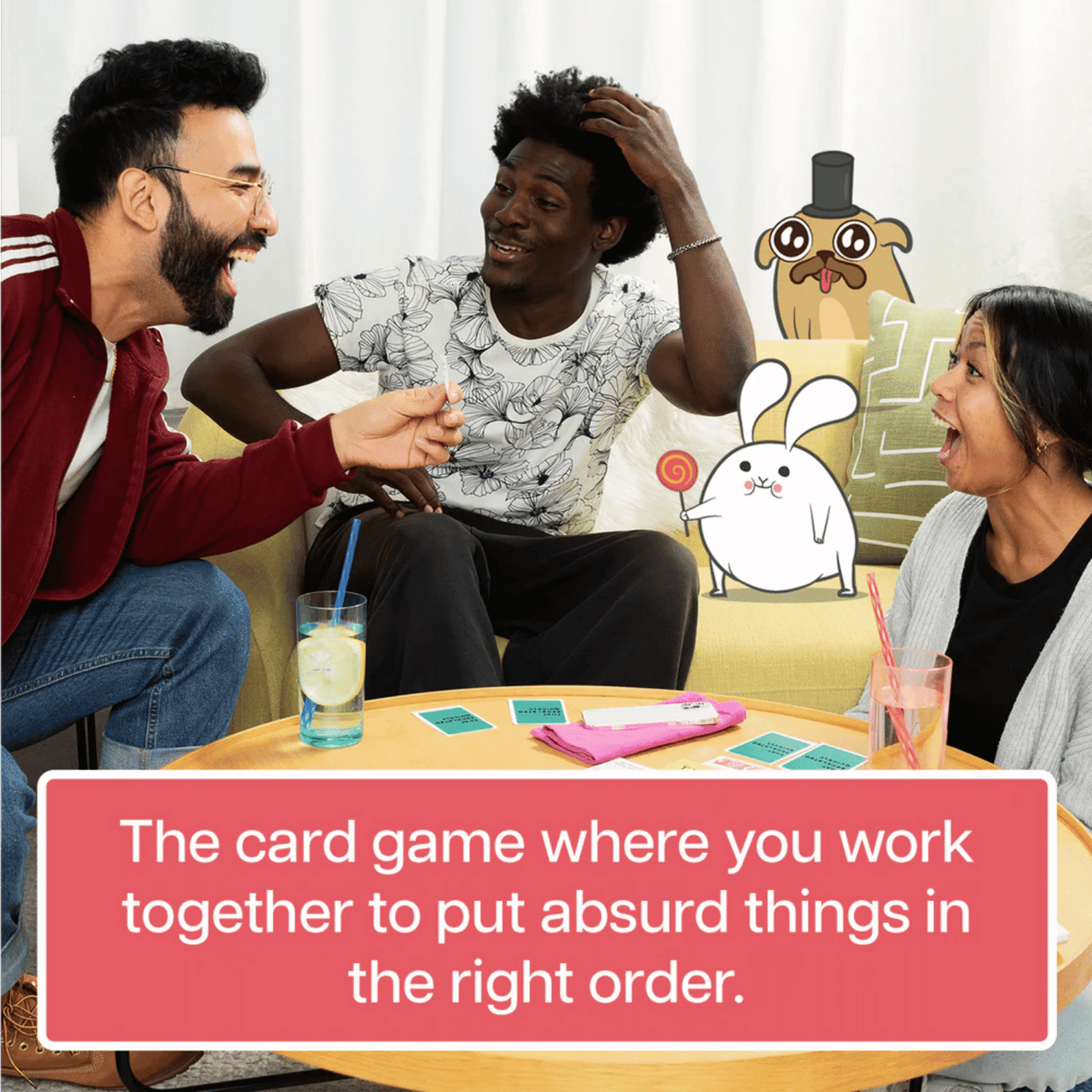 Three friends laugh while playing a card game around a coffee table, with animated bunny and pug characters superimposed