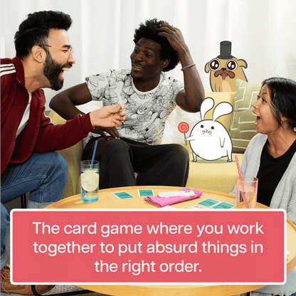 Three friends laugh while playing a card game around a coffee table, with animated bunny and pug characters superimposed