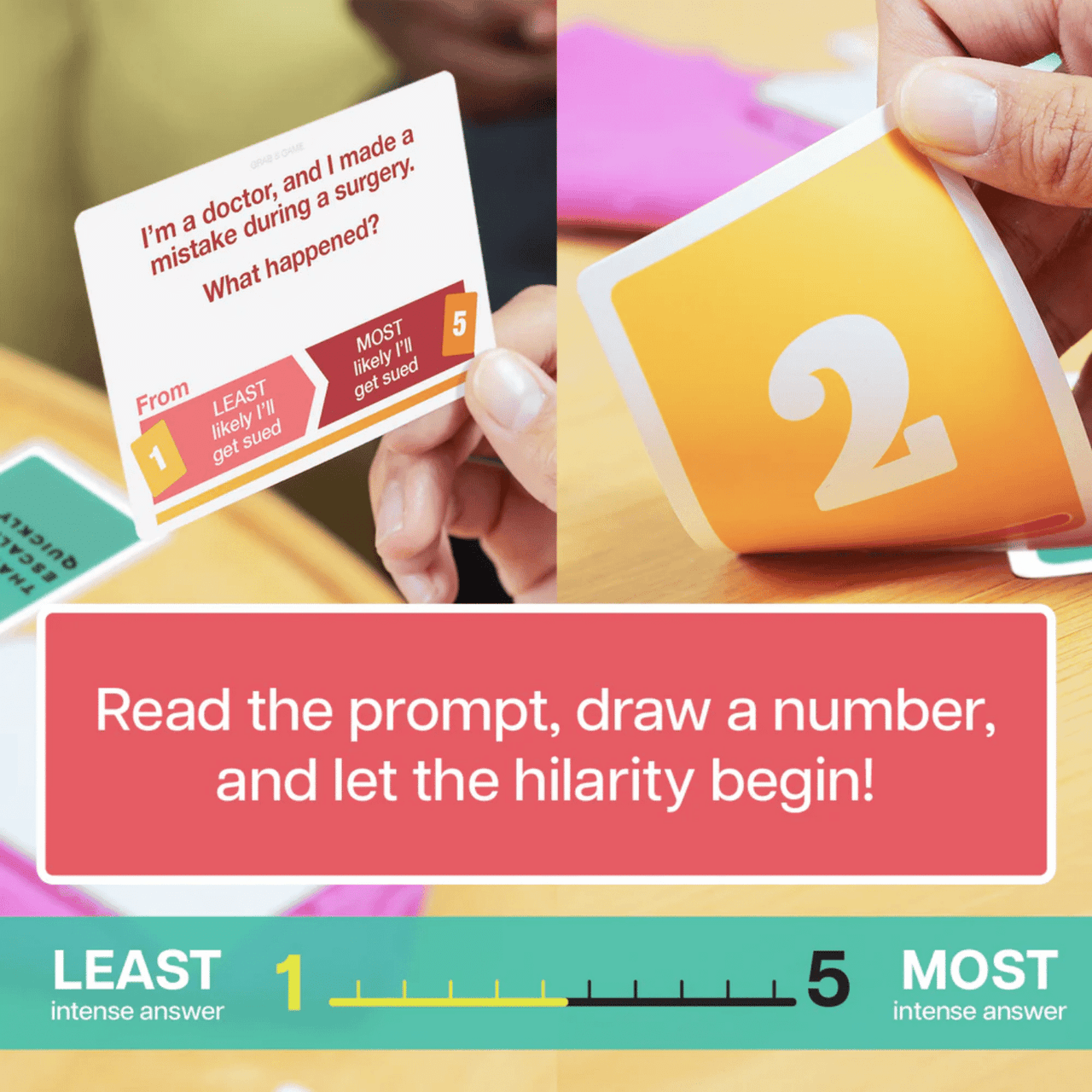 Hands playing a humorous card game. One card shows a doctor's mistake prompt, another displays the number 2. Game text invites hilarity