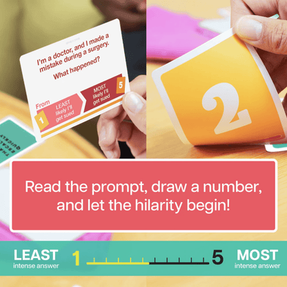 Hands playing a humorous card game. One card shows a doctor's mistake prompt, another displays the number 2. Game text invites hilarity