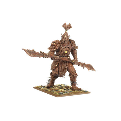 Bronze armored fantasy warrior miniature with a crested helmet, wielding a double-bladed polearm