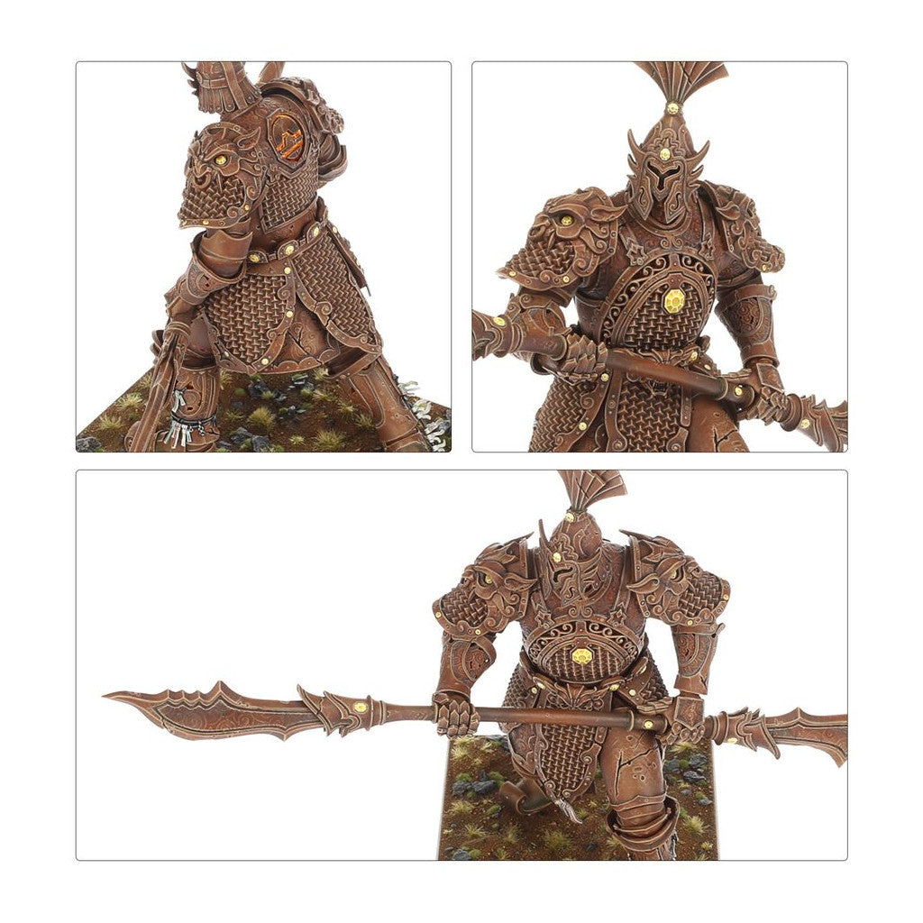 Ornate bronze warrior in detailed armor, holding a double-ended spear. Three views