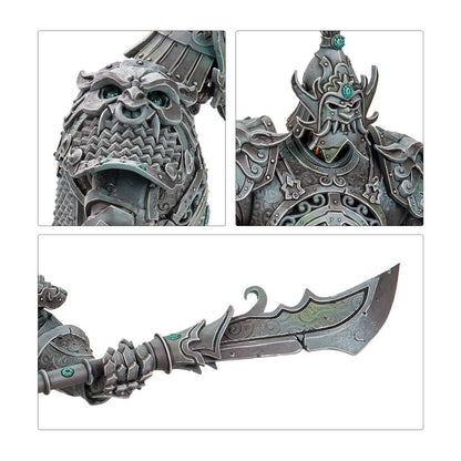 Close-up details of a fantasy warrior's grey and green armor, featuring a horned helmet, shoulder pad, and curved sword