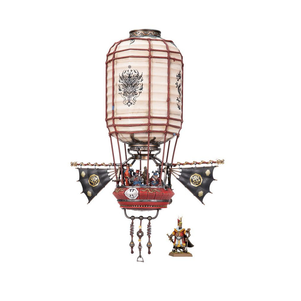 East Asian fantasy airship model: white dragon balloon, red gondola with crew, black bat-wings. A separate regal figure stands