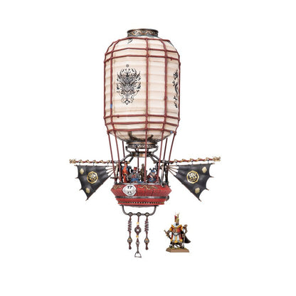 East Asian fantasy airship model: white dragon balloon, red gondola with crew, black bat-wings. A separate regal figure stands