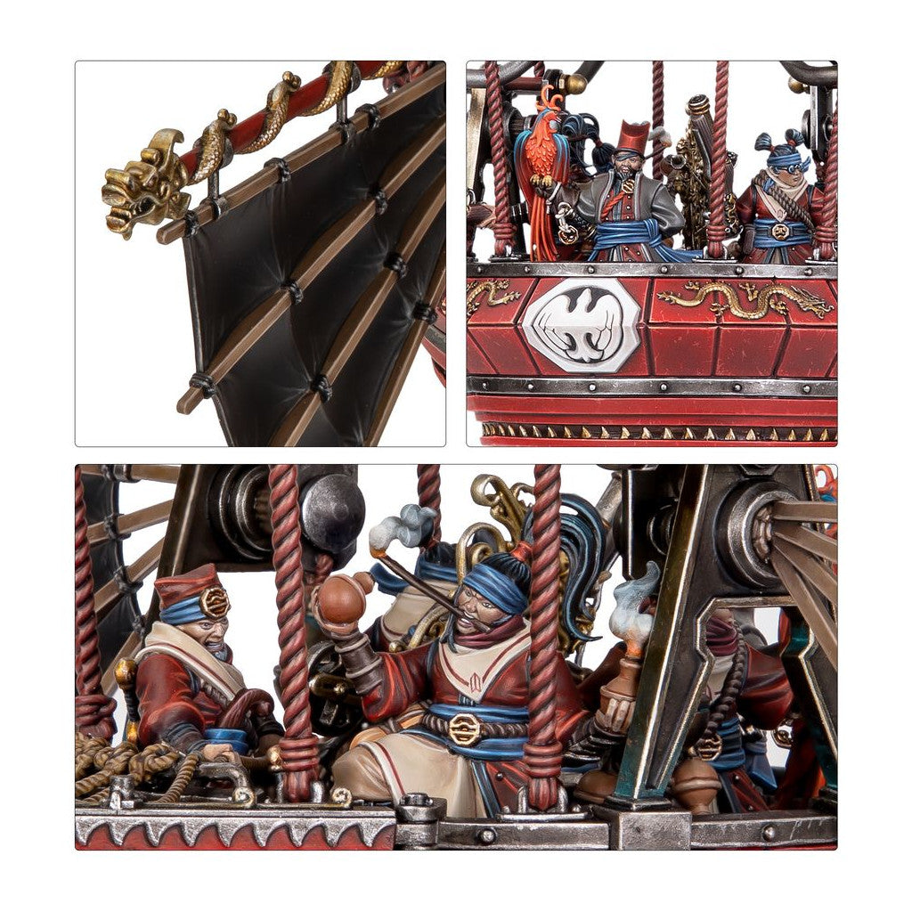 Detailed miniature of a fantasy airship. Crew in ornate East Asian armor operate the vessel; one readies a spherical projectile