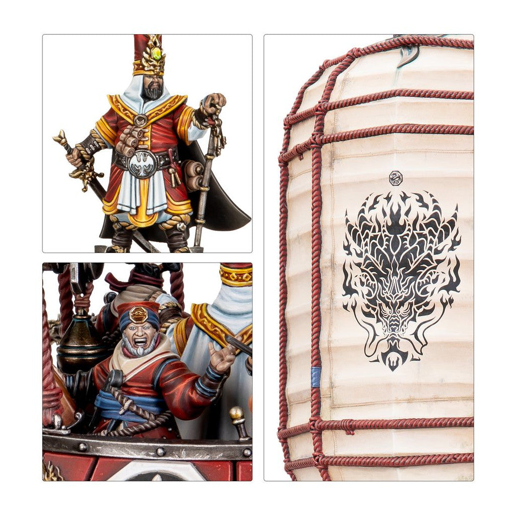 Three fantasy miniatures: an ornate warlord, a shouting crewman in a vessel, and an airship sail with a fierce black dragon emblem