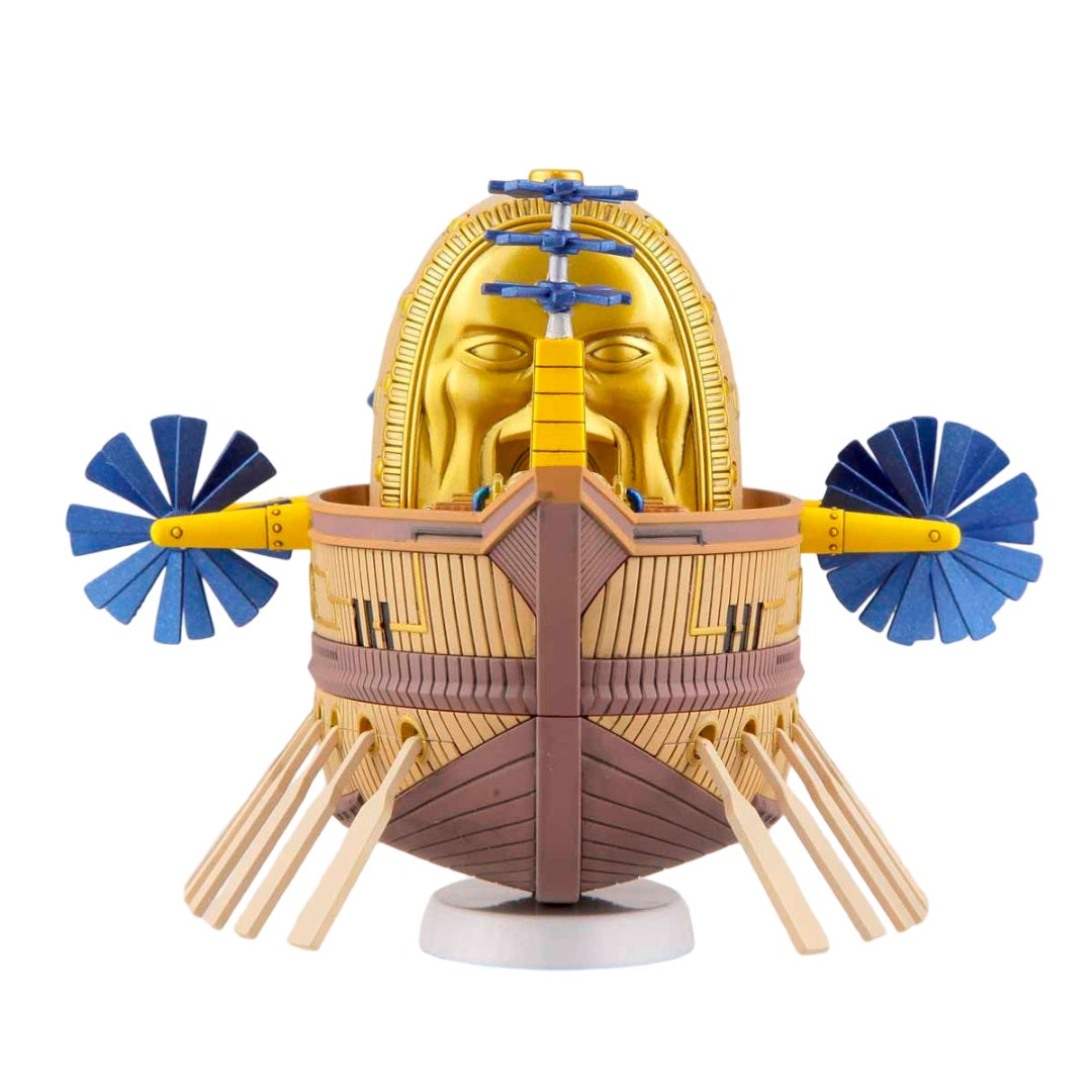 A brown and gold stylized paddleboat model featuring blue paddle wheels, visible oars, and a red Kanji 'ç¥ž' on its rounded top
