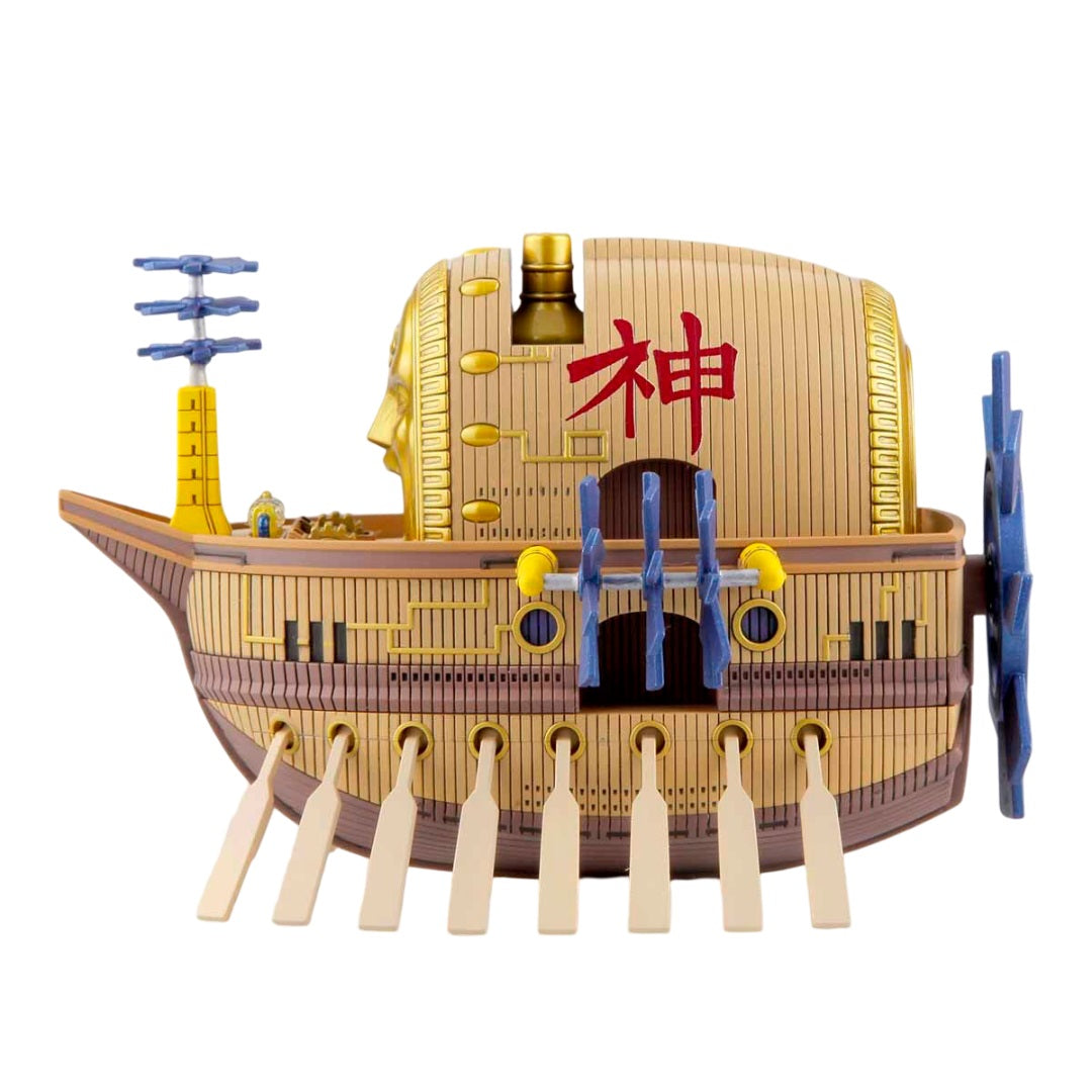 Golden-faced vessel with wooden hull, blue side propellers, and oars