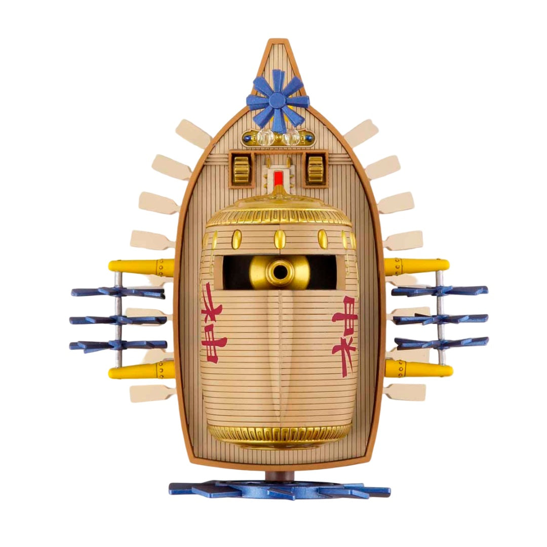 A unique wooden ship model featuring a golden sun-like face, red Kanji characters, blue paddle wheels, and multiple oars