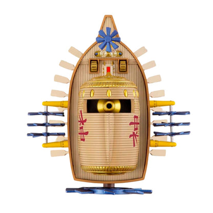 A unique wooden ship model featuring a golden sun-like face, red Kanji characters, blue paddle wheels, and multiple oars
