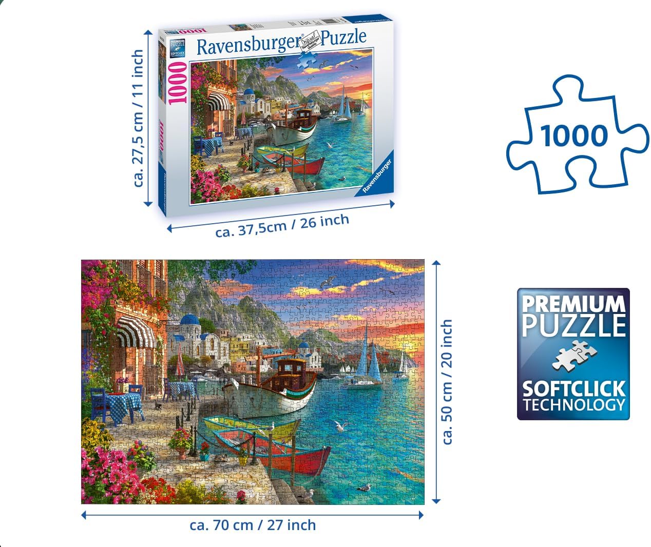 Grandiose Greece 1000 Piece Jigsaw Puzzle packaging and product dimensions