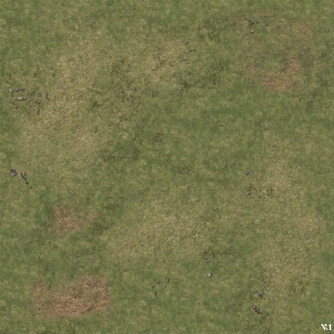 Overhead view of a patchy green and brown field with scattered rocks and dry, cracked earth.