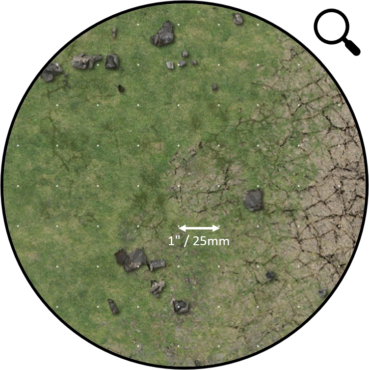 Circular terrain mat with patchy green grass, dry cracked earth, scattered rocks, white dot grid, and 1"/25mm scale.