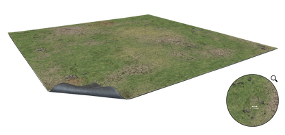 A rectangular game mat with dry grassy terrain and scattered rocks, corner lifted to show rubber underside. Inset with 1" scale.