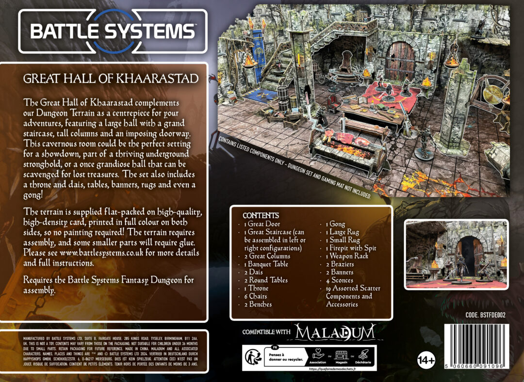 Detailed miniature dungeon hall terrain set for tabletop games, featuring a grand staircase, tables and a throne