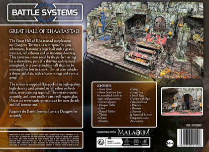 Detailed miniature dungeon hall terrain set for tabletop games, featuring a grand staircase, tables and a throne