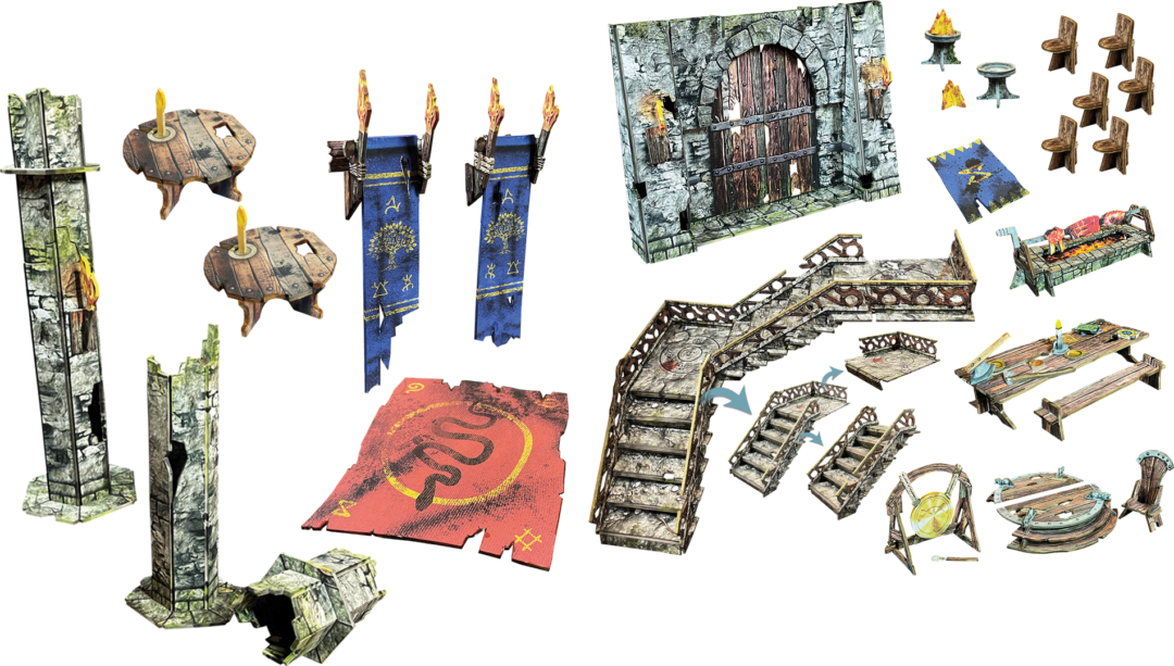 Detailed, modular fantasy dungeon terrain for tabletop games: stone walls, staircases, furniture, banners and decor