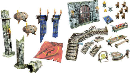 Detailed, modular fantasy dungeon terrain for tabletop games: stone walls, staircases, furniture, banners and decor