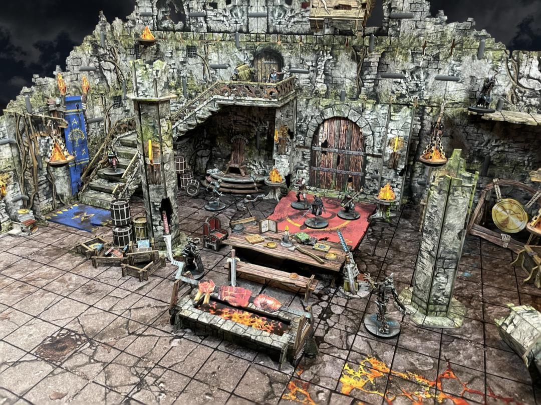 Intricate multi-level fantasy dungeon diorama, with miniature figures, castle ruins, a throne room and a grilling fire