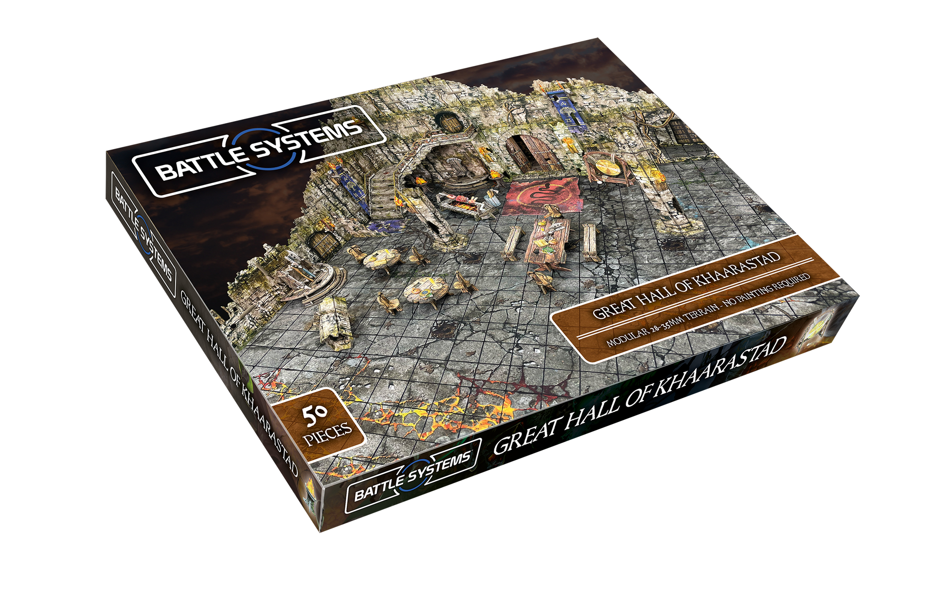 A Battle Systems 'Great Hall of Khaarastad' box for a 50-piece modular dungeon tabletop terrain set