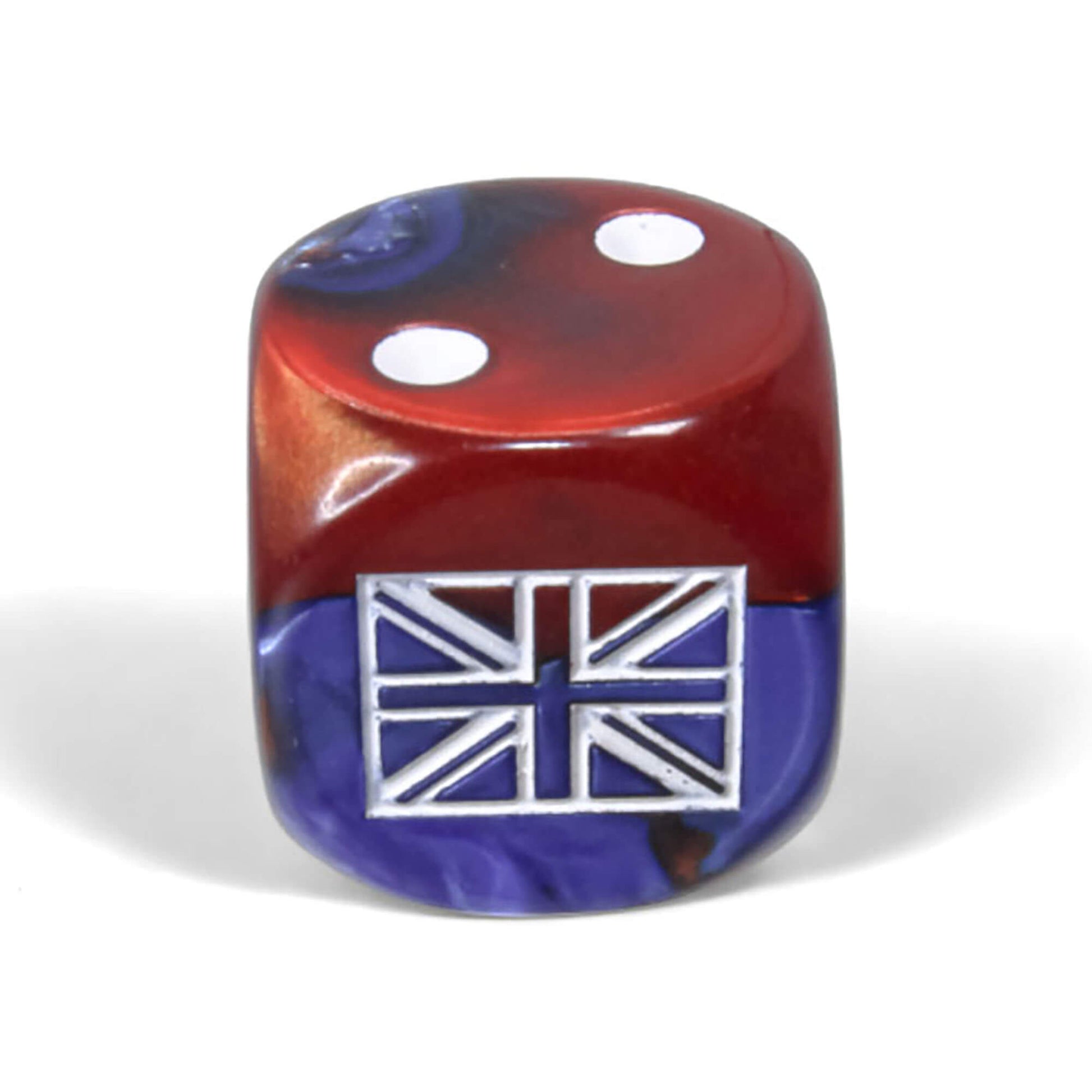 A two-tone red and blue die, showing a white Union Jack flag on its front and two white pips on top