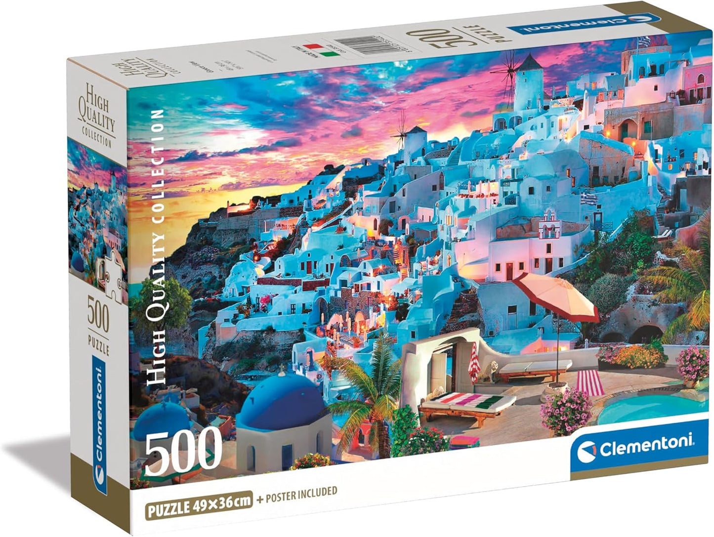 Clementoni 500-piece puzzle box: Picturesque Greek island town, white buildings, windmills, vibrant sunset.