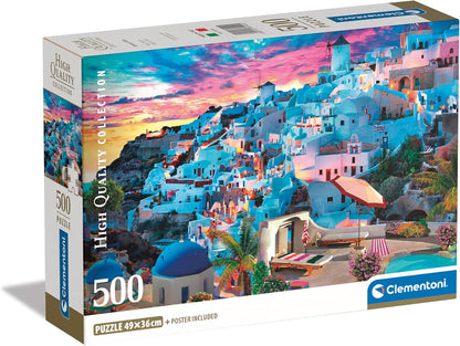 Clementoni 500-piece puzzle box: Picturesque Greek island town, white buildings, windmills, vibrant sunset.